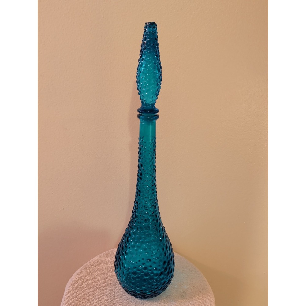 Vintage Blue Empoli Bubble Hobnail Glass Genie Decanter Bottle w/Stopper 21.25"